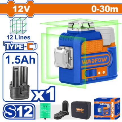 უსადენო 12V-1.5AH 3D - თვითსწორებადი ლაზერული თარაზო მწვანე სხივით (WLE8M12)